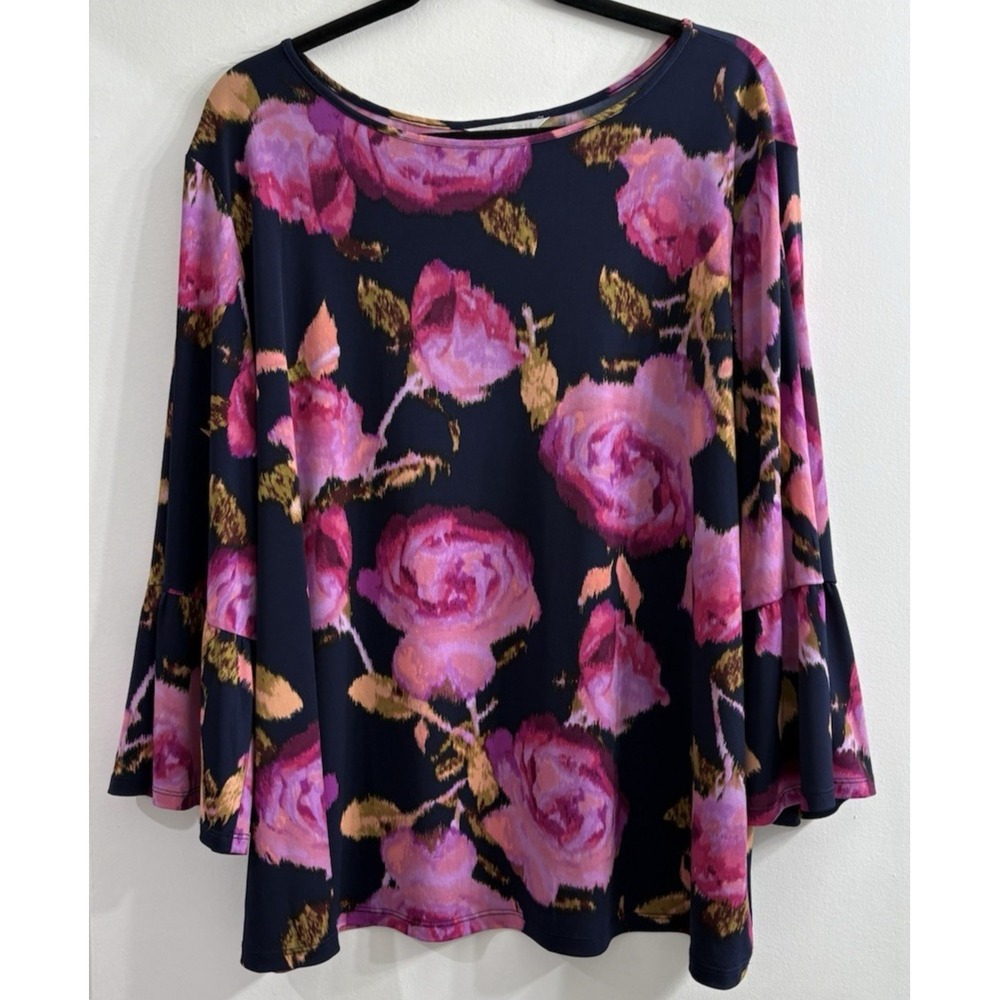 London Times Women's 3X Black Pink Floral Bell Sleeve Fluid Knit Romantic Top